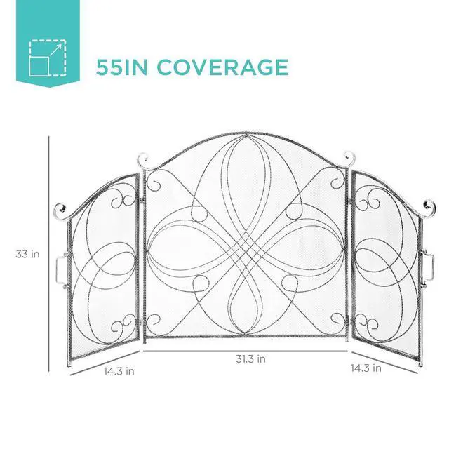 Alt view image 7 of 7 - 3-Panel 55x33in Solid Wrought Iron See-Through Metal Fireplace Screen, Spark Guard Safety Protector w/Decorative Scroll - Pewter