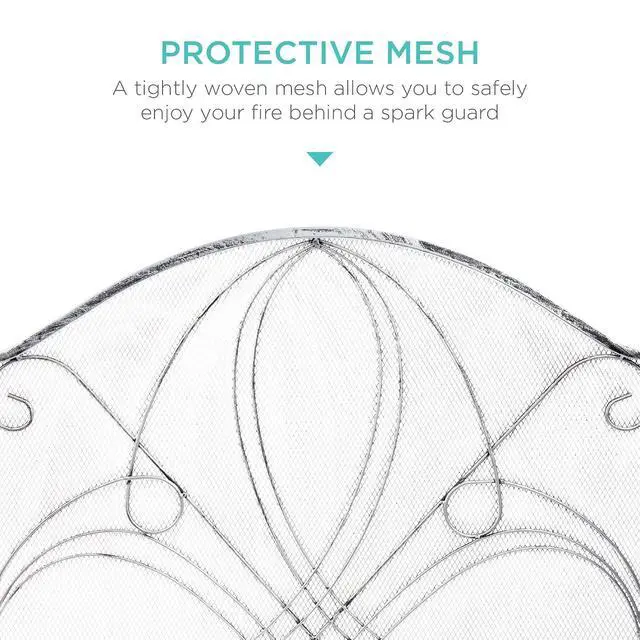 Alt view image 3 of 7 - 3-Panel 55x33in Solid Wrought Iron See-Through Metal Fireplace Screen, Spark Guard Safety Protector w/Decorative Scroll - Pewter