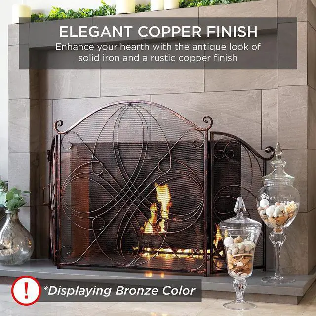 Alt view image 2 of 7 - 3-Panel 55x33in Solid Wrought Iron See-Through Metal Fireplace Screen, Spark Guard Safety Protector w/Decorative Scroll - Pewter