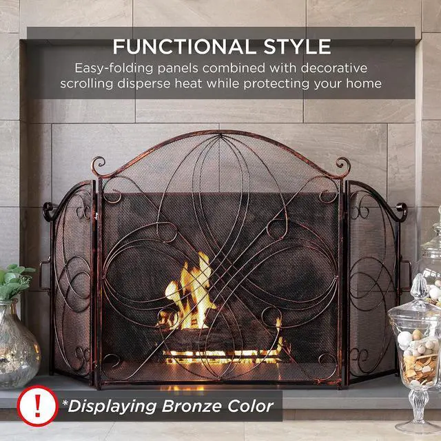 Alt view image 6 of 7 - 3-Panel 55x33in Solid Wrought Iron See-Through Metal Fireplace Screen, Spark Guard Safety Protector w/Decorative Scroll - Pewter