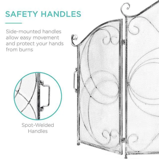 Alt view image 5 of 7 - 3-Panel 55x33in Solid Wrought Iron See-Through Metal Fireplace Screen, Spark Guard Safety Protector w/Decorative Scroll - Pewter