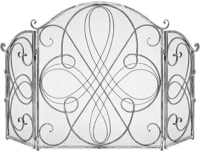 Main image of 3-Panel 55x33in Solid Wrought Iron See-Through Metal Fireplace Screen, Spark Guard Safety Protector w/Decorative Scroll - Pewter