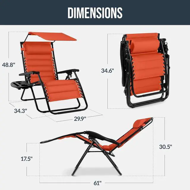 Alt view image 2 of 7 - Oversized Padded Zero Gravity Chair w/Canopy Headrest Cup Holder Side Tray, Folding Outdoor Patio Recliner Lounger - Burnt Orange