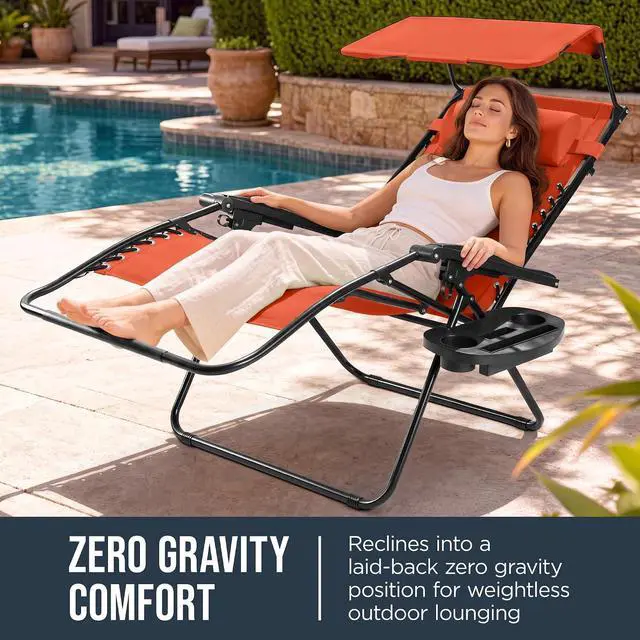 Alt view image 3 of 7 - Oversized Padded Zero Gravity Chair w/Canopy Headrest Cup Holder Side Tray, Folding Outdoor Patio Recliner Lounger - Burnt Orange