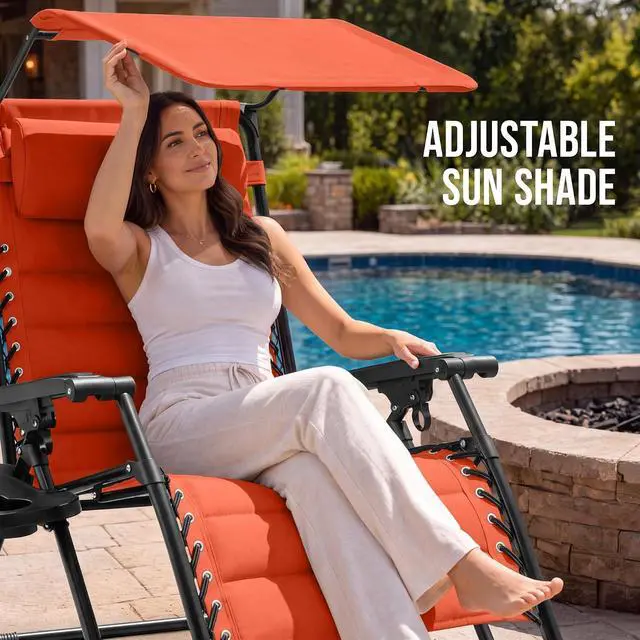 Alt view image 4 of 7 - Oversized Padded Zero Gravity Chair w/Canopy Headrest Cup Holder Side Tray, Folding Outdoor Patio Recliner Lounger - Burnt Orange