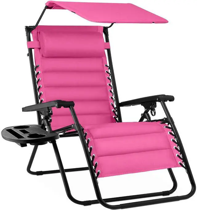 Main image of Oversized Padded Zero Gravity Chair w/Canopy Headrest Cup Holder Side Tray, Folding Outdoor Patio Recliner Lounger - Pink