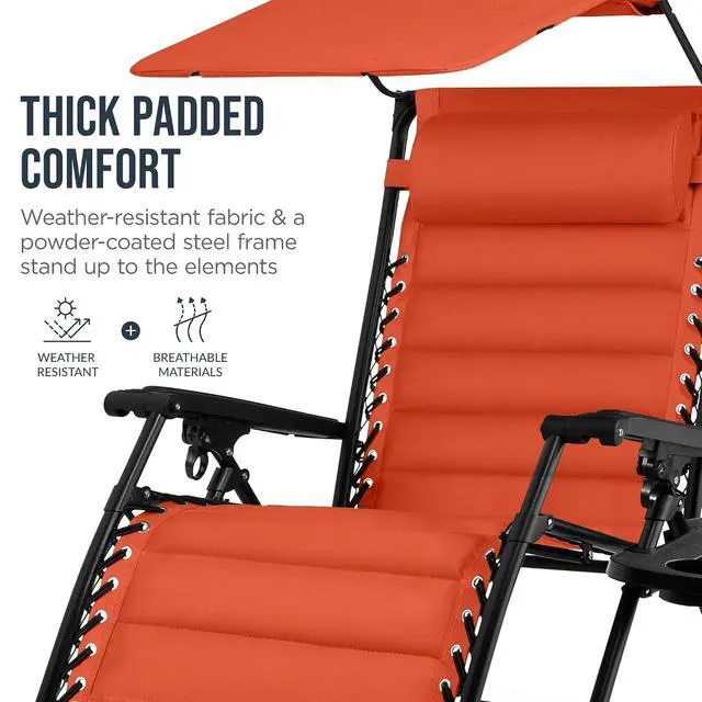 Alt view image 6 of 7 - Oversized Padded Zero Gravity Chair w/Canopy Headrest Cup Holder Side Tray, Folding Outdoor Patio Recliner Lounger - Burnt Orange