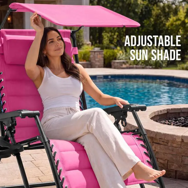 Alt view image 4 of 7 - Oversized Padded Zero Gravity Chair w/Canopy Headrest Cup Holder Side Tray, Folding Outdoor Patio Recliner Lounger - Pink