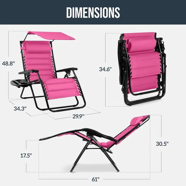 Alt view image 2 of 7 - Oversized Padded Zero Gravity Chair w/Canopy Headrest Cup Holder Side Tray, Folding Outdoor Patio Recliner Lounger - Pink