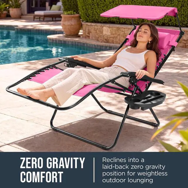 Alt view image 3 of 7 - Oversized Padded Zero Gravity Chair w/Canopy Headrest Cup Holder Side Tray, Folding Outdoor Patio Recliner Lounger - Pink