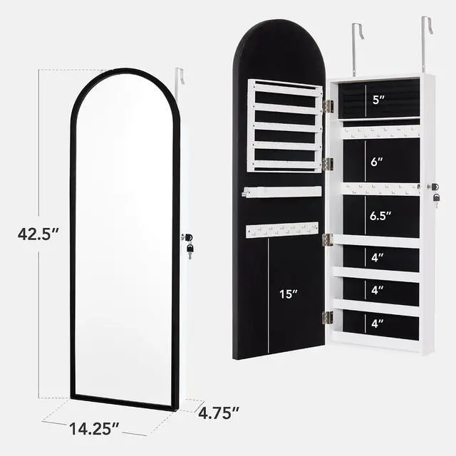 Alt view image 2 of 7 - Arch Mirror Jewelry Cabinet, Jewelry Storage Organizer, Armoire, Lockable Wall or Door Mountable, Full-Length Mirror - Black