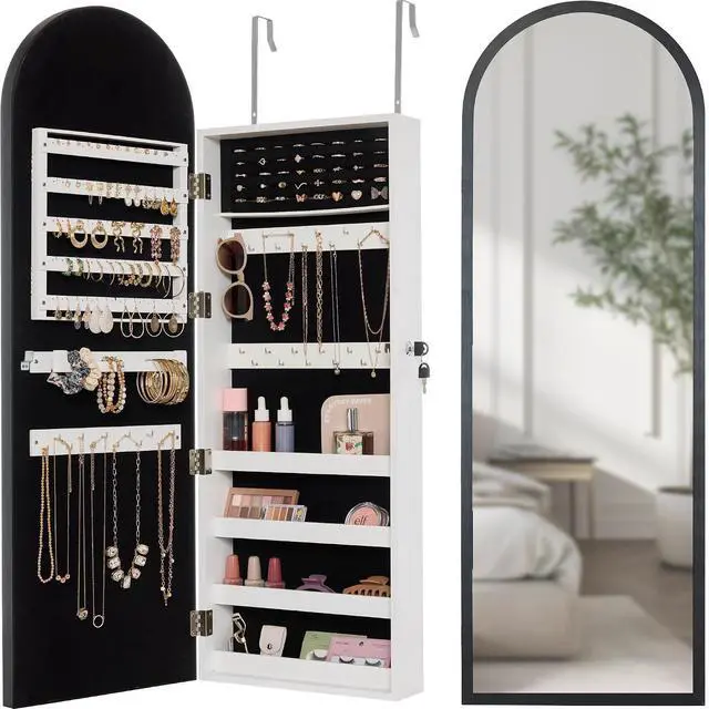 Main image of Arch Mirror Jewelry Cabinet, Jewelry Storage Organizer, Armoire, Lockable Wall or Door Mountable, Full-Length Mirror - Black