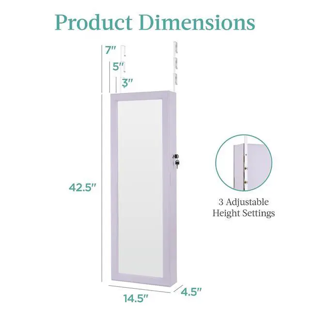 Alt view image 7 of 7 - LED Mirror Jewelry Cabinet, Tall Lockable Wall or Door Mounted Jewelry Armoire Organizer with Mirror, 2 Drawers, Lock, Cosmetic Tray, Shelves - Lavender