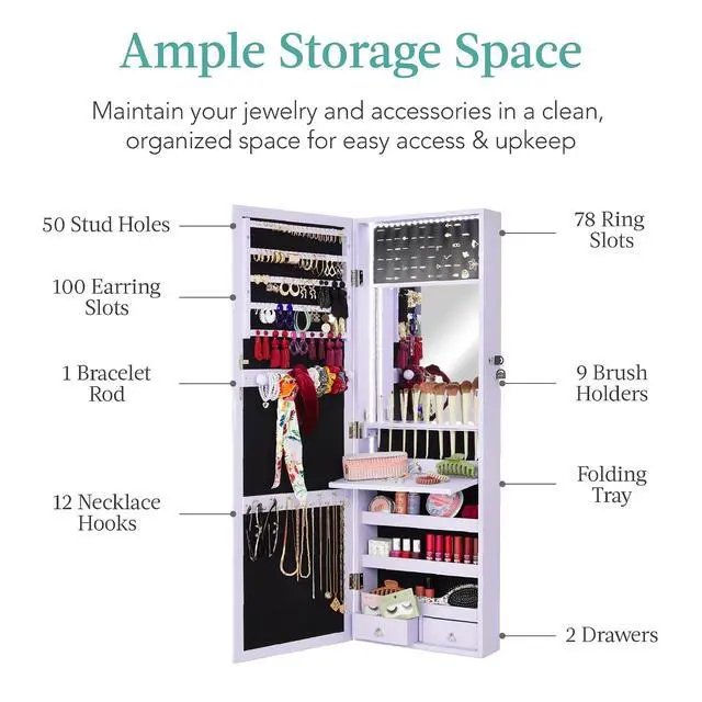 Alt view image 4 of 7 - LED Mirror Jewelry Cabinet, Tall Lockable Wall or Door Mounted Jewelry Armoire Organizer with Mirror, 2 Drawers, Lock, Cosmetic Tray, Shelves - Lavender