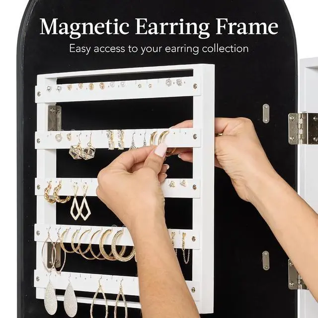 Alt view image 6 of 7 - Arch Mirror Jewelry Cabinet, Jewelry Storage Organizer, Armoire, Lockable Wall or Door Mountable, Full-Length Mirror - Black