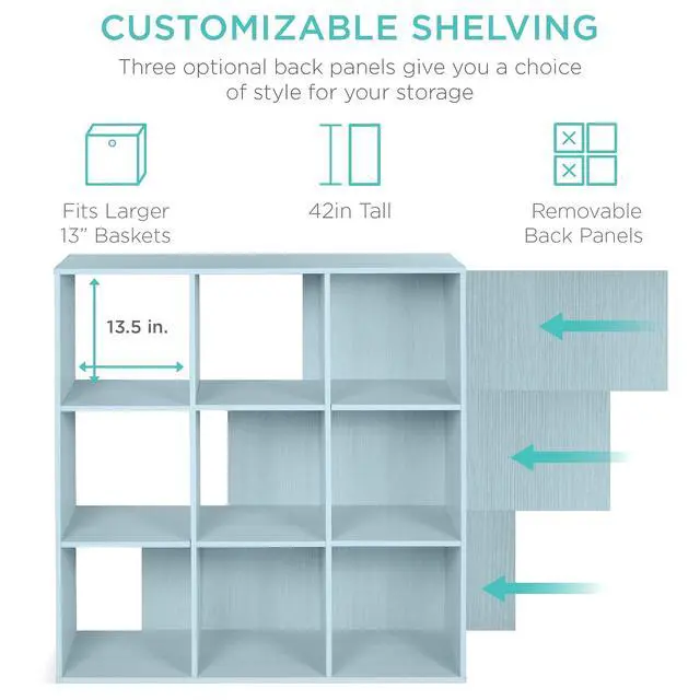 Alt view image 3 of 7 - Best Choice Products Kids Bookcase 9-Cube Storage Organizer, 13.5in Shelf Opening, Bookshelf, Toy Storage, Customizable w/ 3 Removable Back Panels Light Blue