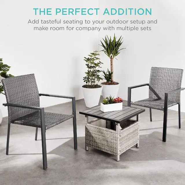 Alt view image 7 of 7 - Set of 2 Stackable Outdoor Wicker Dining Chairs All-Weather Firepit Armchair w/Armrests, Steel Frame for Patio, Deck, Garden, Yard - Gray