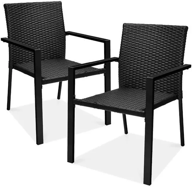 Main image of Set of 2 Stackable Outdoor Wicker Dining Chairs All-Weather Firepit Armchair w/Armrests, Steel Frame for Patio, Deck, Garden, Yard - Black