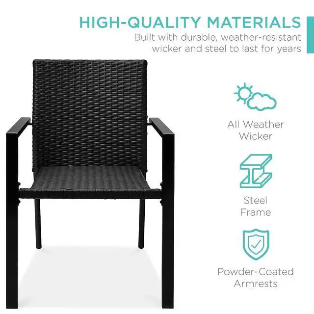 Alt view image 3 of 7 - Set of 2 Stackable Outdoor Wicker Dining Chairs All-Weather Firepit Armchair w/Armrests, Steel Frame for Patio, Deck, Garden, Yard - Black