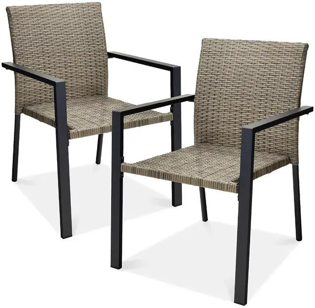 Main image of Set of 2 Stackable Outdoor Wicker Dining Chairs All-Weather Firepit Armchair w/Armrests, Steel Frame for Patio, Deck, Garden, Yard - Taupe