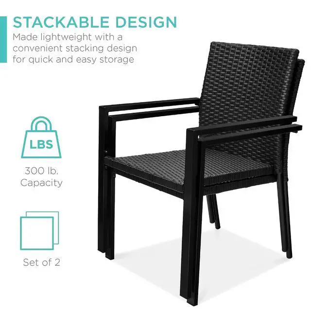 Alt view image 4 of 7 - Set of 2 Stackable Outdoor Wicker Dining Chairs All-Weather Firepit Armchair w/Armrests, Steel Frame for Patio, Deck, Garden, Yard - Black