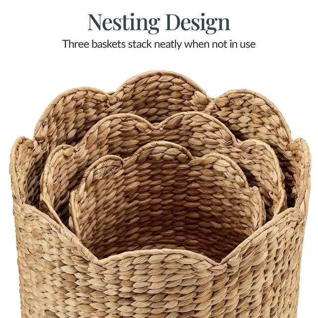 Alt view image 5 of 7 - 3pc Water Hyacinth Scalloped Multipurpose Nesting Baskets, Storage Bin Organization Totes for Living Room, Bedroom, Nursery, Laundry Room - Natural