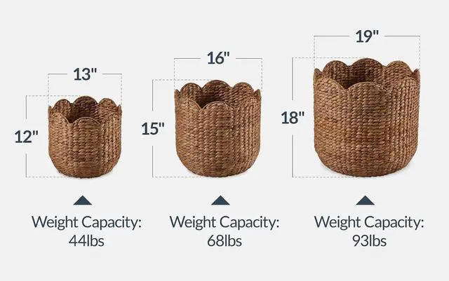 Alt view image 2 of 7 - 3pc Water Hyacinth Scalloped Multipurpose Nesting Baskets, Storage Bin Organization Totes for Living Room, Bedroom, Nursery, Laundry Room -Chestnut