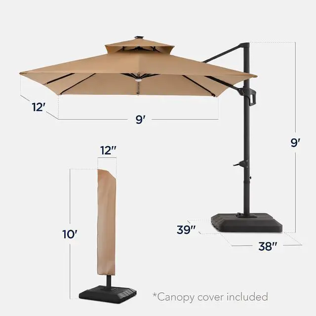 Alt view image 2 of 7 - 9x12ft LED Cantilever Patio Umbrella w/Base Included & 360° Rotation, Large Solar Offset Hanging Outdoor Sun Shade for Deck, Backyard Table w/Stand & Lights Tan