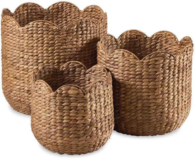 Main image of 3pc Water Hyacinth Scalloped Multipurpose Nesting Baskets, Storage Bin Organization Totes for Living Room, Bedroom, Nursery, Laundry Room -Chestnut