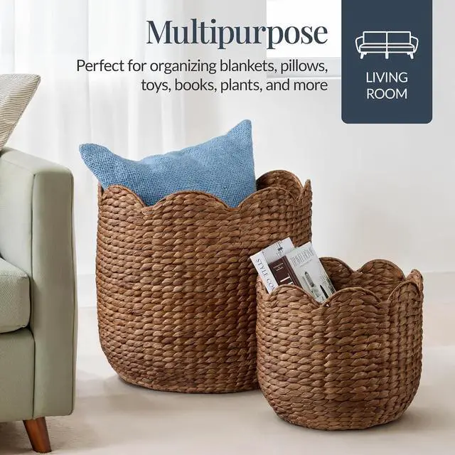 Alt view image 4 of 7 - 3pc Water Hyacinth Scalloped Multipurpose Nesting Baskets, Storage Bin Organization Totes for Living Room, Bedroom, Nursery, Laundry Room -Chestnut