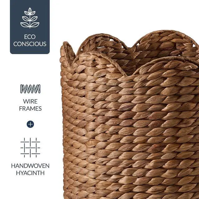 Alt view image 6 of 7 - 3pc Water Hyacinth Scalloped Multipurpose Nesting Baskets, Storage Bin Organization Totes for Living Room, Bedroom, Nursery, Laundry Room -Chestnut