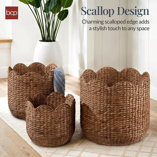 Alt view image 3 of 7 - 3pc Water Hyacinth Scalloped Multipurpose Nesting Baskets, Storage Bin Organization Totes for Living Room, Bedroom, Nursery, Laundry Room -Chestnut