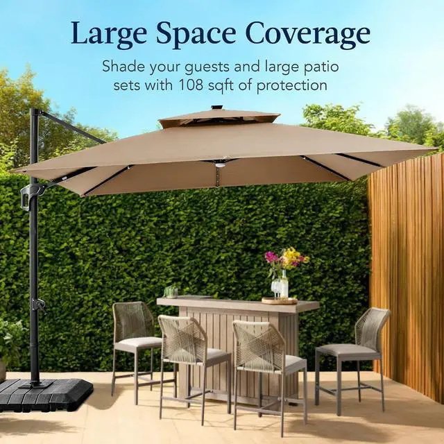 Alt view image 4 of 7 - 9x12ft LED Cantilever Patio Umbrella w/Base Included & 360° Rotation, Large Solar Offset Hanging Outdoor Sun Shade for Deck, Backyard Table w/Stand & Lights Tan