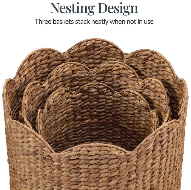 Alt view image 5 of 7 - 3pc Water Hyacinth Scalloped Multipurpose Nesting Baskets, Storage Bin Organization Totes for Living Room, Bedroom, Nursery, Laundry Room -Chestnut