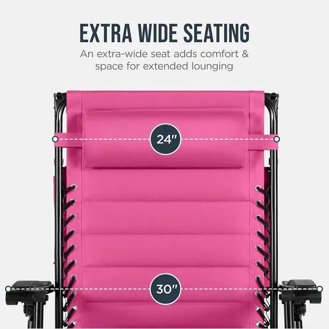 Alt view image 5 of 7 - Oversized Padded Zero Gravity Chair w/Canopy Headrest Cup Holder Side Tray, Folding Outdoor Patio Recliner Lounger - Pink