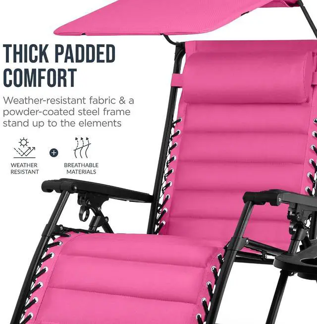 Alt view image 6 of 7 - Oversized Padded Zero Gravity Chair w/Canopy Headrest Cup Holder Side Tray, Folding Outdoor Patio Recliner Lounger - Pink