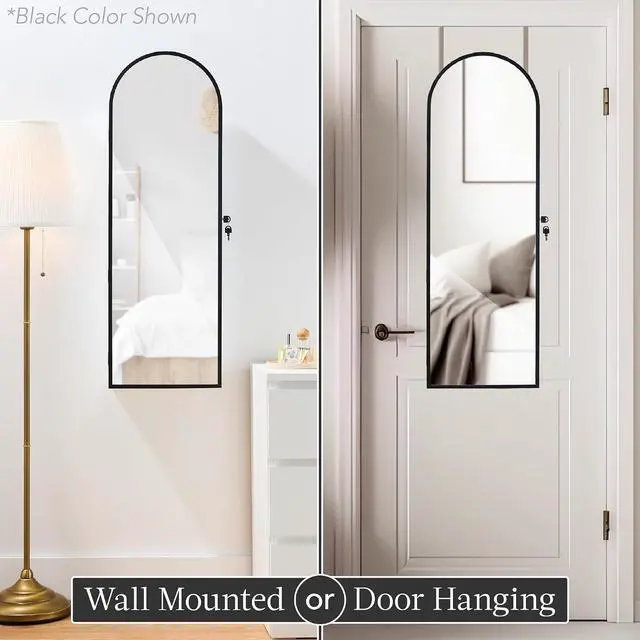 Alt view image 7 of 7 - Arch Mirror Jewelry Cabinet, Jewelry Storage Organizer, Armoire, Lockable Wall or Door Mountable, Full-Length Mirror - Rose Gold