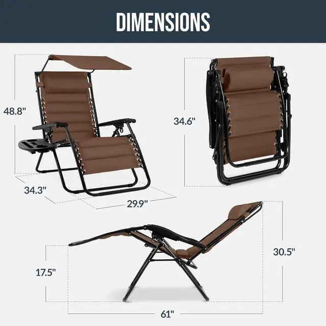 Alt view image 2 of 7 - Oversized Padded Zero Gravity Chair w/Canopy Headrest Cup Holder Side Tray, Folding Outdoor Patio Recliner Lounger - Brown