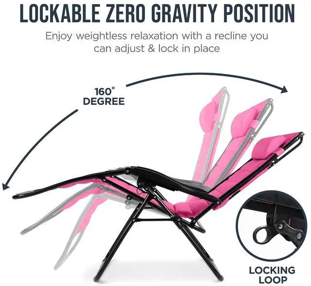 Alt view image 7 of 7 - Oversized Padded Zero Gravity Chair w/Canopy Headrest Cup Holder Side Tray, Folding Outdoor Patio Recliner Lounger - Pink