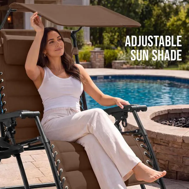 Alt view image 4 of 7 - Oversized Padded Zero Gravity Chair w/Canopy Headrest Cup Holder Side Tray, Folding Outdoor Patio Recliner Lounger - Brown