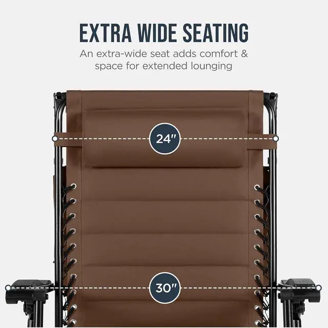 Alt view image 5 of 7 - Oversized Padded Zero Gravity Chair w/Canopy Headrest Cup Holder Side Tray, Folding Outdoor Patio Recliner Lounger - Brown
