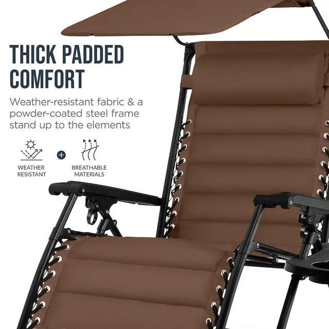 Alt view image 6 of 7 - Oversized Padded Zero Gravity Chair w/Canopy Headrest Cup Holder Side Tray, Folding Outdoor Patio Recliner Lounger - Brown