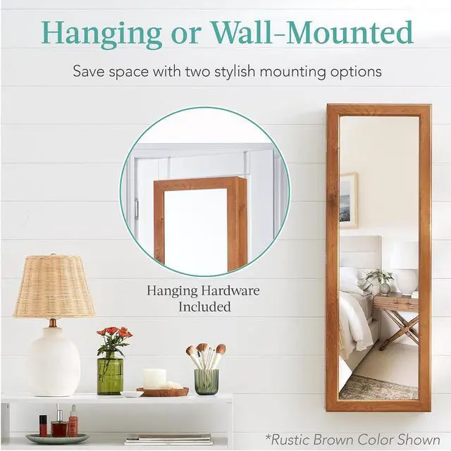 Alt view image 2 of 7 - LED Mirror Jewelry Cabinet, Tall Lockable Wall or Door Mounted Jewelry Armoire Organizer with Mirror, 2 Drawers, Lock, Cosmetic Tray, Shelves - Natural Oak