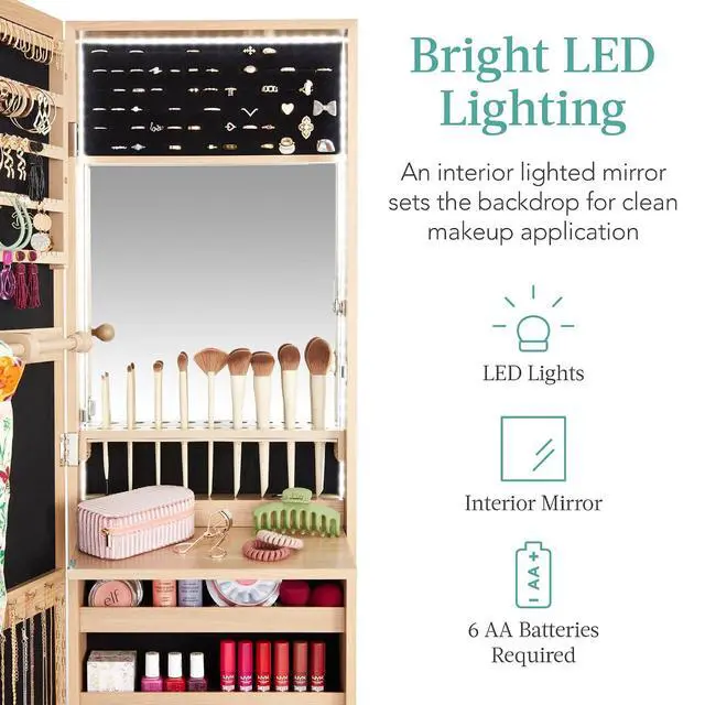 Alt view image 3 of 7 - LED Mirror Jewelry Cabinet, Tall Lockable Wall or Door Mounted Jewelry Armoire Organizer with Mirror, 2 Drawers, Lock, Cosmetic Tray, Shelves - Natural Oak
