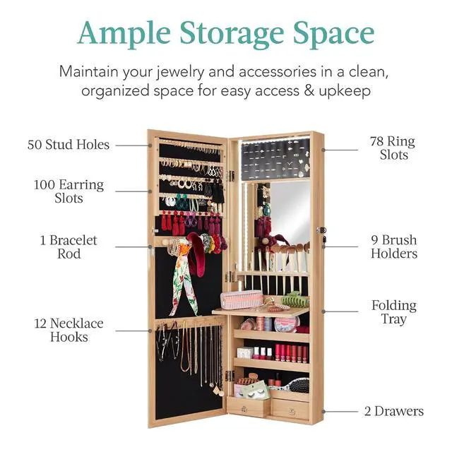 Alt view image 4 of 7 - LED Mirror Jewelry Cabinet, Tall Lockable Wall or Door Mounted Jewelry Armoire Organizer with Mirror, 2 Drawers, Lock, Cosmetic Tray, Shelves - Natural Oak