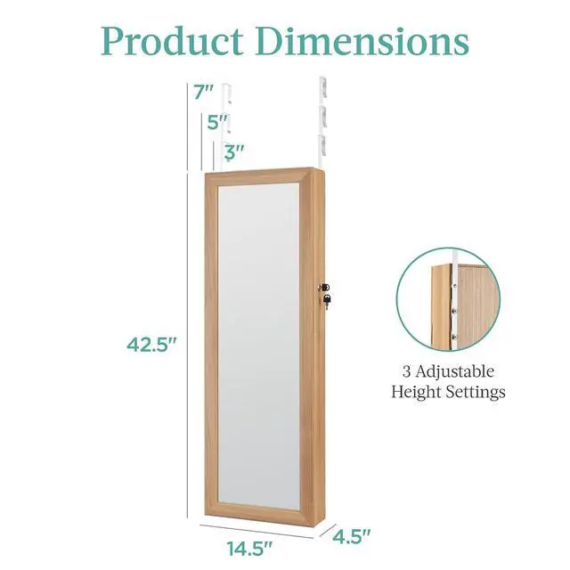Alt view image 7 of 7 - LED Mirror Jewelry Cabinet, Tall Lockable Wall or Door Mounted Jewelry Armoire Organizer with Mirror, 2 Drawers, Lock, Cosmetic Tray, Shelves - Natural Oak