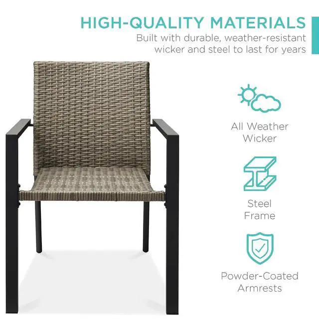 Alt view image 3 of 7 - Set of 2 Stackable Outdoor Wicker Dining Chairs All-Weather Firepit Armchair w/Armrests, Steel Frame for Patio, Deck, Garden, Yard - Taupe