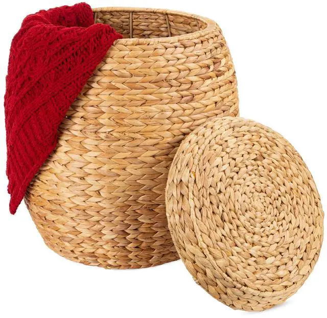Main image of Vintage Multipurpose Hyacinth Storage Basket, Plant Décor, Handwoven Organizer Tote for Bedroom, Living Room, Bathroom, w/Lid - Natural