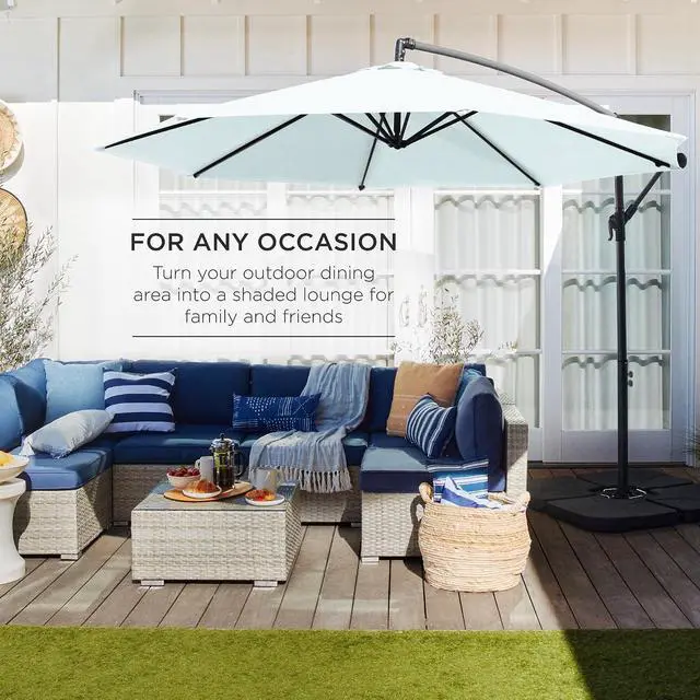 Alt view image 3 of 7 - 10ft Offset Cantilever Hanging Market Patio Umbrella, 8 Sturdy Ribs, Easy Adjustment - Baby Blue