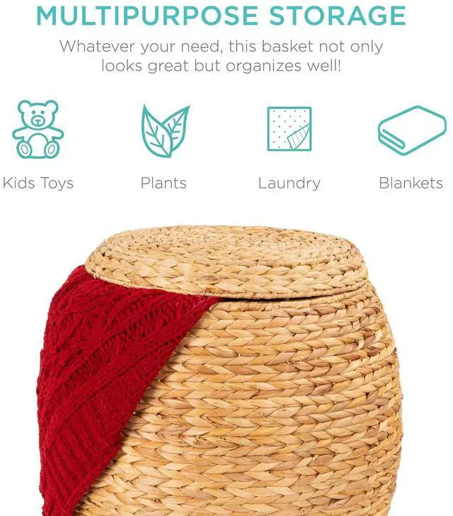 Alt view image 5 of 7 - Vintage Multipurpose Hyacinth Storage Basket, Plant Décor, Handwoven Organizer Tote for Bedroom, Living Room, Bathroom, w/Lid - Natural